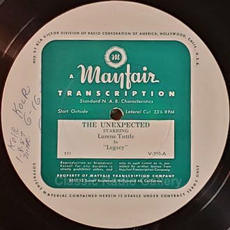 The Unexpected radio show transcription disc label